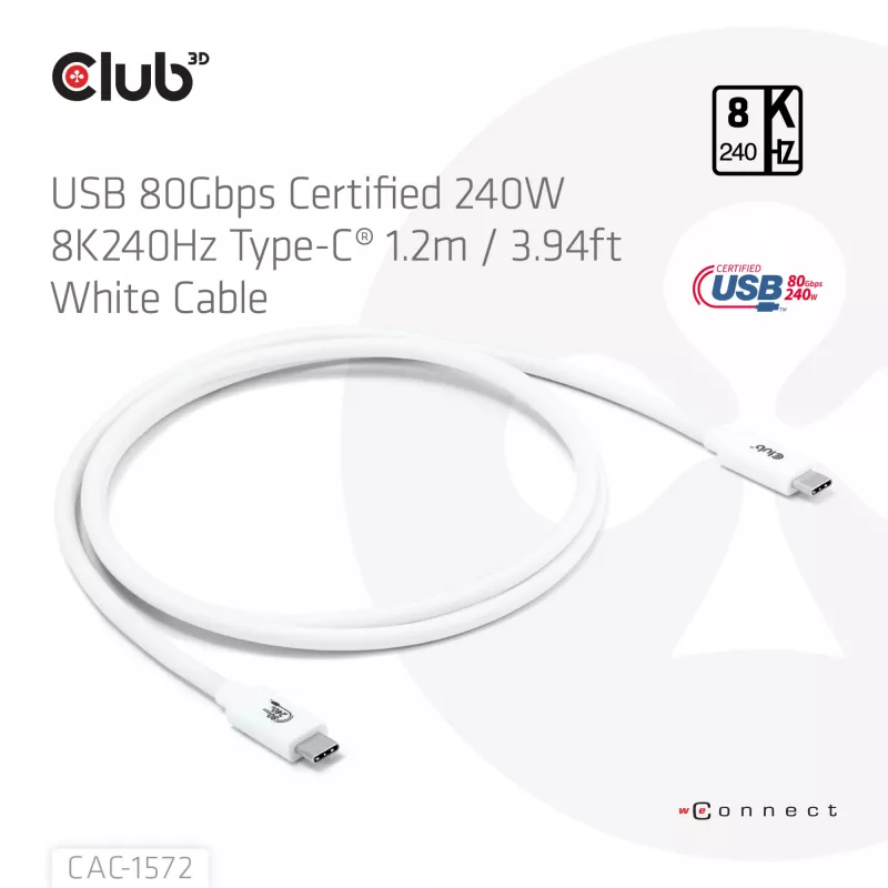 CLUB3D USB 80Gbps sertifitseeritud 240W 8K240Hz Type-C® 1.2m / 3.94ft must kaabel