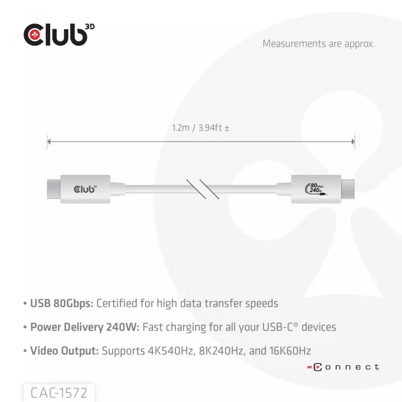 CLUB3D USB 80Gbps sertifitseeritud 240W 8K240Hz Type-C® 1.2m / 3.94ft must kaabel