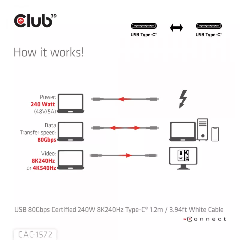 CLUB3D USB 80Gbps sertifitseeritud 240W 8K240Hz Type-C® 1.2m / 3.94ft must kaabel