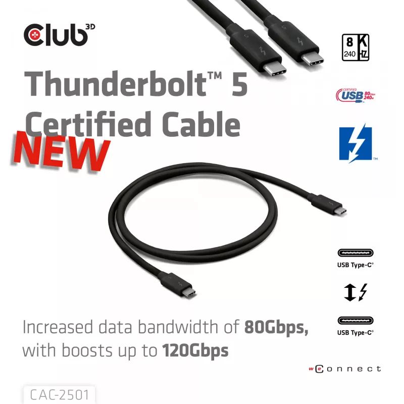 CLUB3D Thunderbolt™ 5 sertifitseeritud 8K240Hz andmeedastus 80/120 Gbps EPR 240 W kaabel M/M 1 m / 3,28 jalga