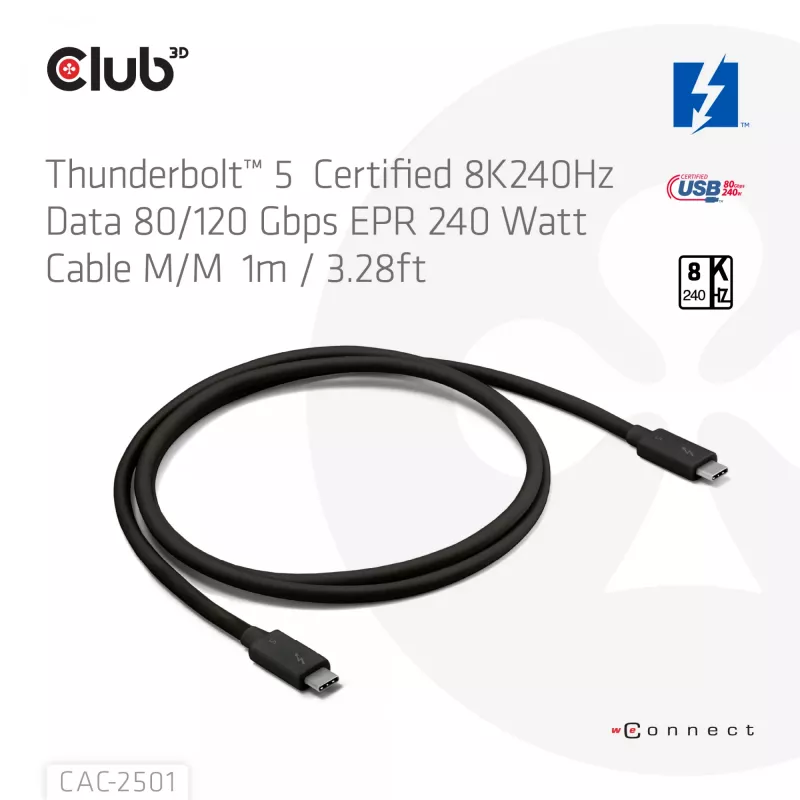 CLUB3D Thunderbolt™ 5 sertifitseeritud 8K240Hz andmeedastus 80/120 Gbps EPR 240 W kaabel M/M 1 m / 3,28 jalga