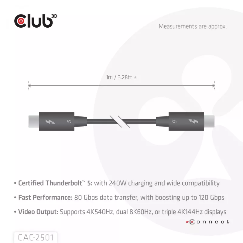 CLUB3D Thunderbolt™ 5 sertifitseeritud 8K240Hz andmeedastus 80/120 Gbps EPR 240 W kaabel M/M 1 m / 3,28 jalga