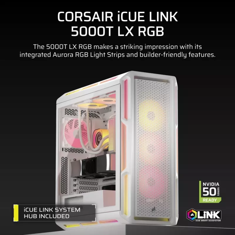 CORSAIR PC korpus - Geh Midi 5000T LX RGB (karastatud klaas) valge