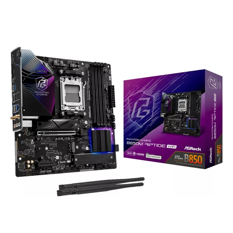 ASRock emaplaat B850M Riptide WiFi AM5 AMD B850 4 x DDR5 1 x HDMI 2.1 TMDS/FRL 8G 1 x DisplayPort 1.4 DSC mATX