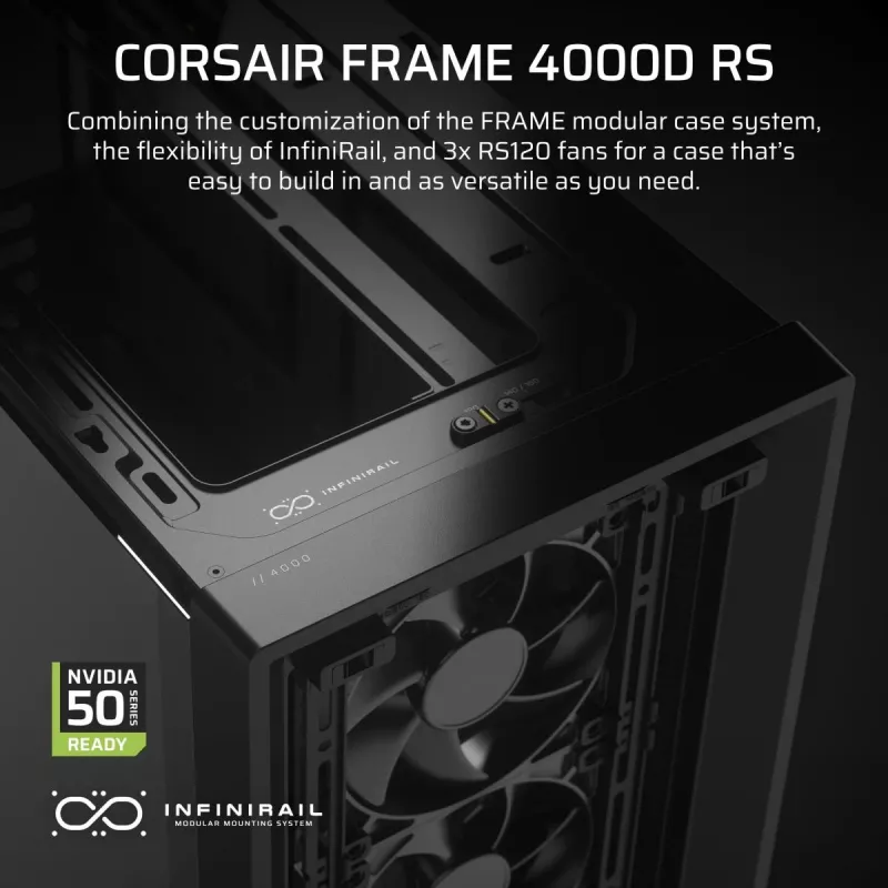 Korpus CORSAIR FRAME 4000D RS Midi Tower — must, EATX tugi, karastatud klaas, USB-C, 3x120mm esiventilaatorid