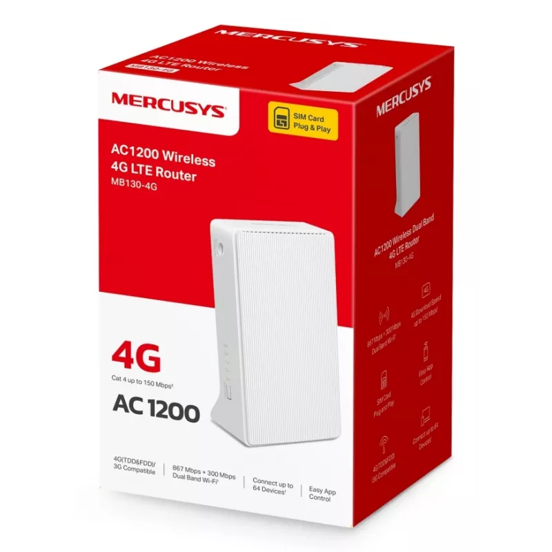 MERCUSYS Mb130-4g traadita ruuter Ethernet kahesageduslik (2,4 GHz / 5 GHz) - valge