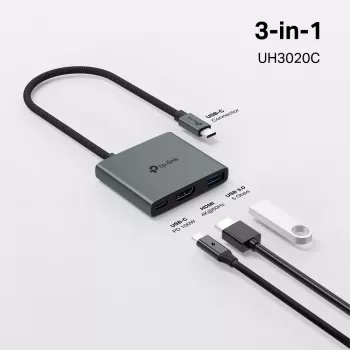 USB Type-C jaotur TP-Link UH3020C — 3 pordiga (HDMI, USB-A, USB-C), 5 Gbit/s, HDMI 4K@60Hz, PD kuni 100W, alumiinium, 0,18 m kaabel