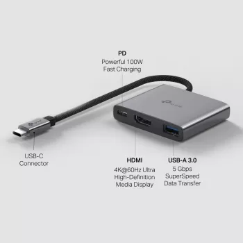 USB Type-C jaotur TP-Link UH3020C — 3 pordiga (HDMI, USB-A, USB-C), 5 Gbit/s, HDMI 4K@60Hz, PD kuni 100W, alumiinium, 0,18 m kaabel