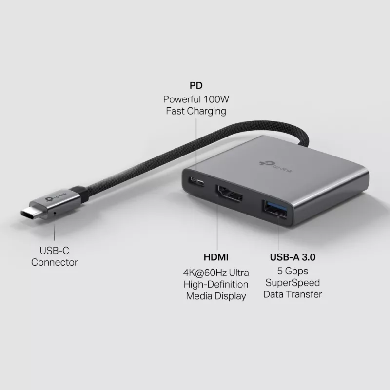 USB Type-C jaotur TP-Link UH3020C — 3 pordiga (HDMI, USB-A, USB-C), 5 Gbit/s, HDMI 4K@60Hz, PD kuni 100W, alumiinium, 0,18 m kaabel