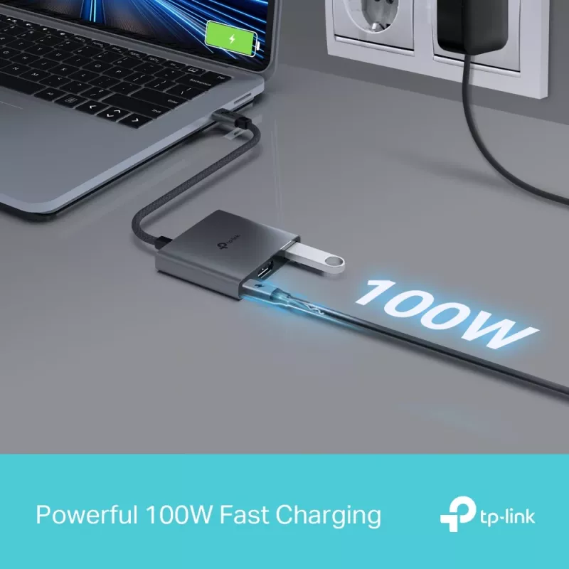USB Type-C jaotur TP-Link UH3020C — 3 pordiga (HDMI, USB-A, USB-C), 5 Gbit/s, HDMI 4K@60Hz, PD kuni 100W, alumiinium, 0,18 m kaabel