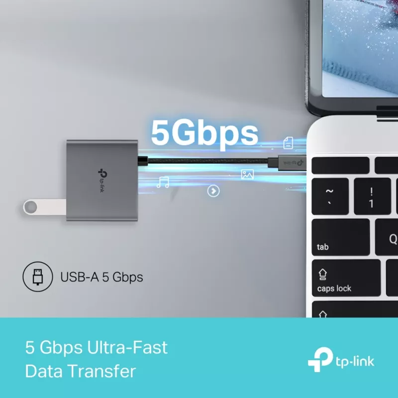 USB Type-C jaotur TP-Link UH3020C — 3 pordiga (HDMI, USB-A, USB-C), 5 Gbit/s, HDMI 4K@60Hz, PD kuni 100W, alumiinium, 0,18 m kaabel