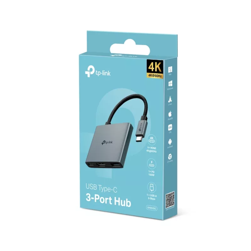 USB Type-C jaotur TP-Link UH3020C — 3 pordiga (HDMI, USB-A, USB-C), 5 Gbit/s, HDMI 4K@60Hz, PD kuni 100W, alumiinium, 0,18 m kaabel