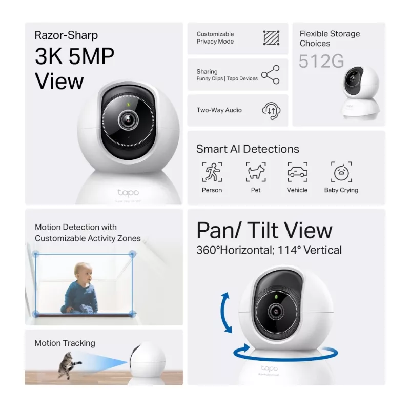 TP-Link Tapo Pan/Tilt AI koduturvakaamera Wi-Fi SPEC: 3K 5MP (2880×1620), 2,4 GHz, horisontaalne 360º