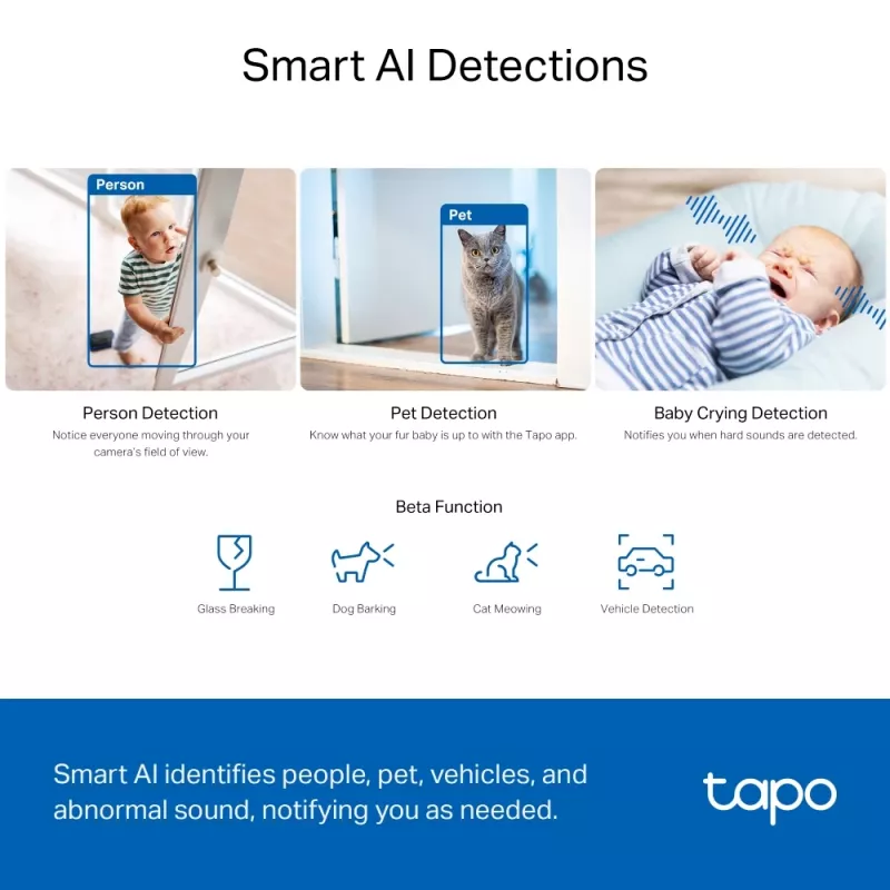 TP-Link Tapo Pan/Tilt AI koduturvakaamera Wi-Fi SPEC: 3K 5MP (2880×1620), 2,4 GHz, horisontaalne 360º