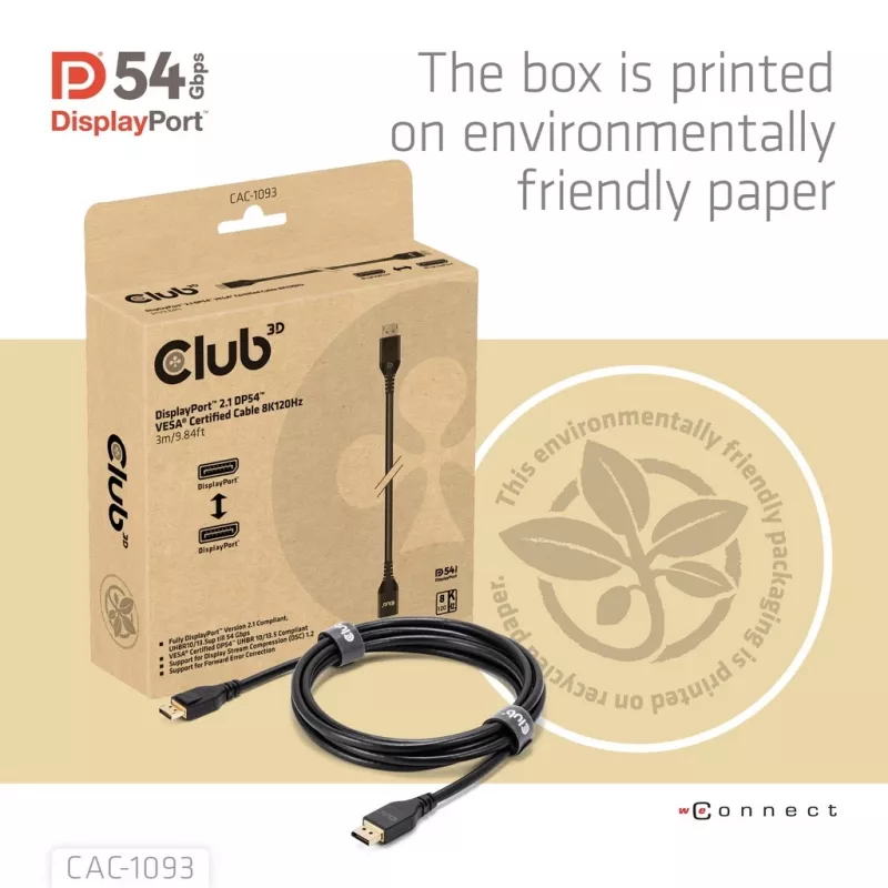 CLUB3D DisplayPort™ 2.1 DP54™ VESA® sertifitseeritud kaabel 8K120Hz 3m/ 9.84ft