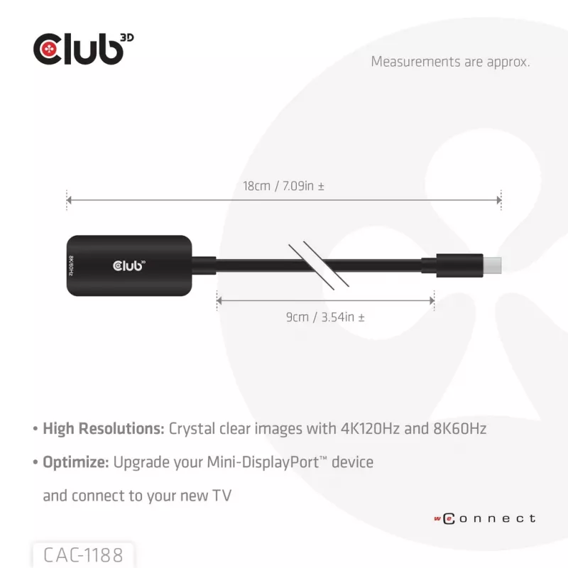 Adapter club 3d Mini DisplayPort 1.4 to HDMI 8K60Hz M/F, Mini DisplayPort pistik