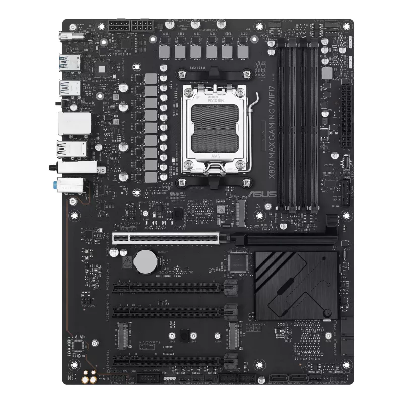 Emaplaat ASUS X870 MAX GAMING WIFI7 ATX — AMD X870, Socket AM5, DDR5, 4 DIMM, 256 GB, Wi‑Fi 7, Bluetooth 5.4, 3 M.2, 2x USB4 Gen3x2