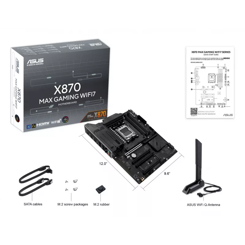 Emaplaat ASUS X870 MAX GAMING WIFI7 ATX — AMD X870, Socket AM5, DDR5, 4 DIMM, 256 GB, Wi‑Fi 7, Bluetooth 5.4, 3 M.2, 2x USB4 Gen3x2