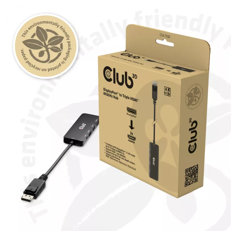 CLUB3D DisplayPort™ Triple HDMI™ 8K60Hz jaotur, DisplayPort, HDMI, 2.1b/1.4a, 13,5 Mbit/s, 120 Hz, 3840 x 2160, 7680 x 4320