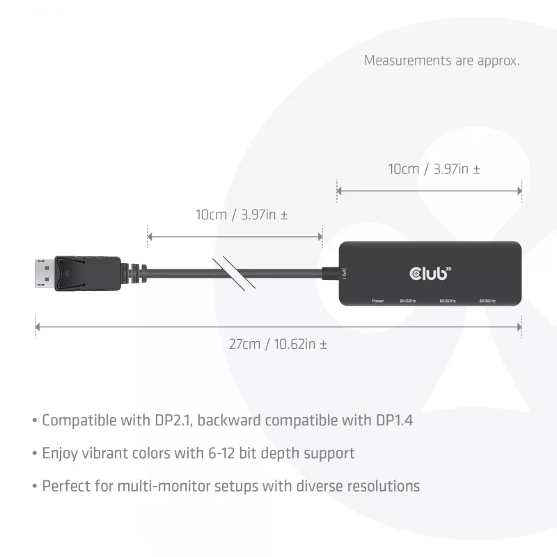 CLUB3D DisplayPort™ Triple HDMI™ 8K60Hz jaotur, DisplayPort, HDMI, 2.1b/1.4a, 13,5 Mbit/s, 120 Hz, 3840 x 2160, 7680 x 4320