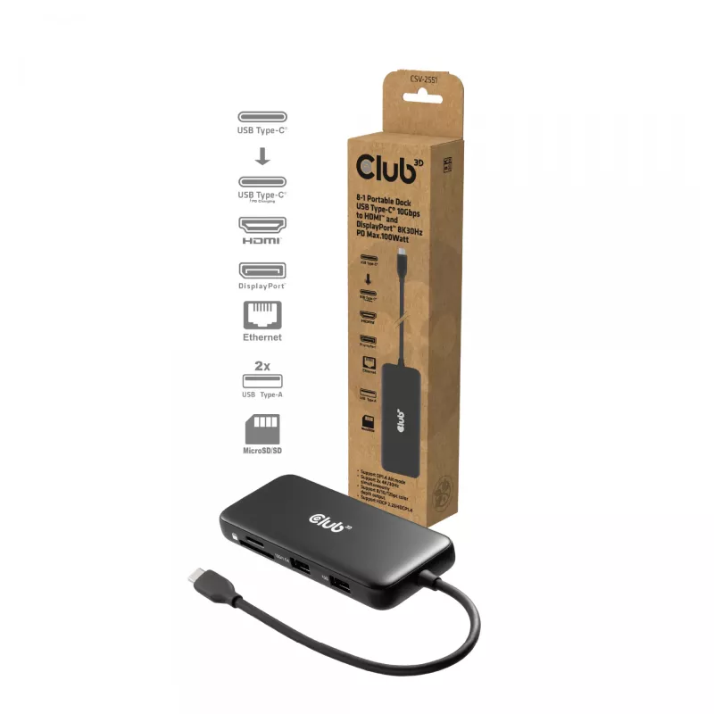 CLUB3D 8-1 kaasaskantav dokk USB Type-C® 10Gbps HDMI™ ja DisplayPort 8K30Hz PD max 100W