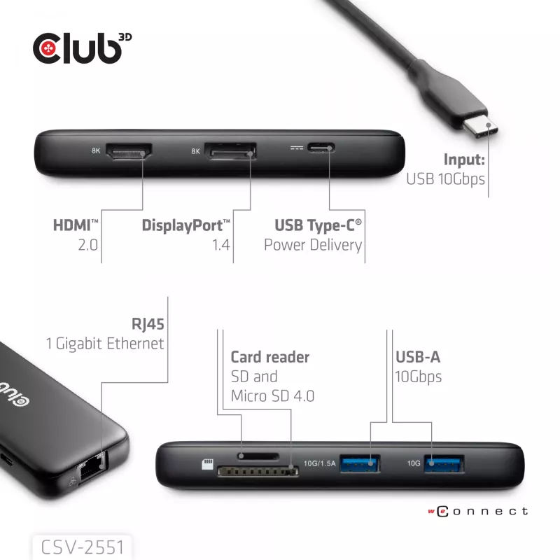 CLUB3D 8-1 kaasaskantav dokk USB Type-C® 10Gbps HDMI™ ja DisplayPort 8K30Hz PD max 100W