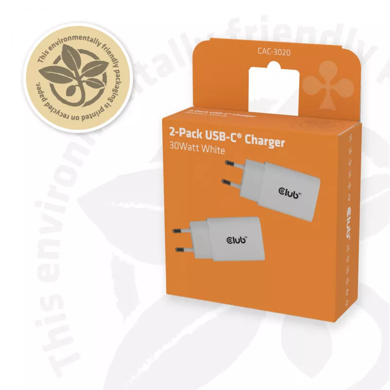 USB‑C laadija 2‑pack CLUB3D CAC-3020, koguvõimsus 30 W, valge