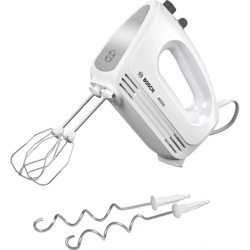 Käsisegisti Bosch MFQ24200 — 400 W, 4 kiirust, turbo, harjatud teras/valge