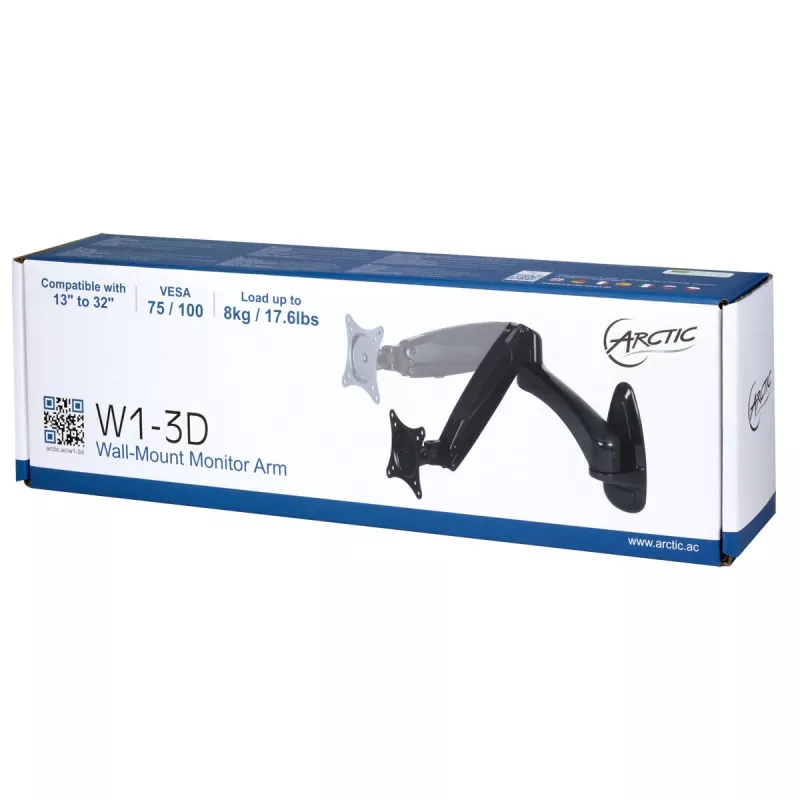 ARCTIC W1-3D - Monitor Wall Mount with Gas Lift Technology, 8 kg, 33 cm (13 inch), 81.3 cm (32 inch), 75 x 75 mm, 100 x 100 mm, Must