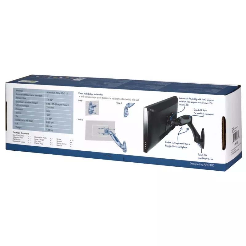 ARCTIC W1-3D - Monitor Wall Mount with Gas Lift Technology, 8 kg, 33 cm (13 inch), 81.3 cm (32 inch), 75 x 75 mm, 100 x 100 mm, Must