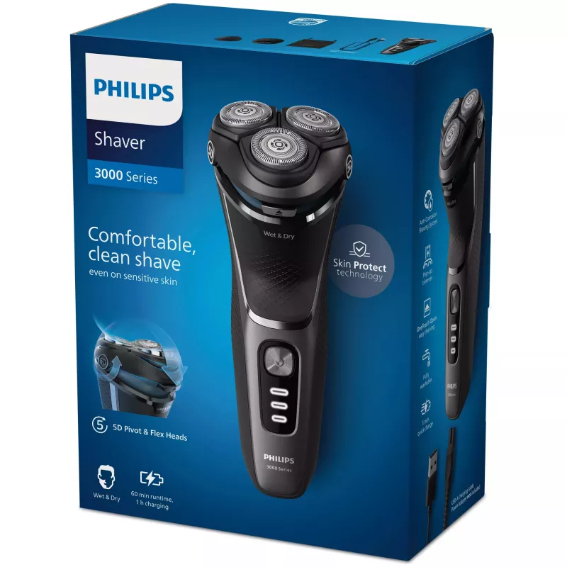 Elektriline pardel Philips 3000 Series S3343/13 — 3 peaga pöörlev, märg ja kuiv, 60 min aku, PowerCut terad