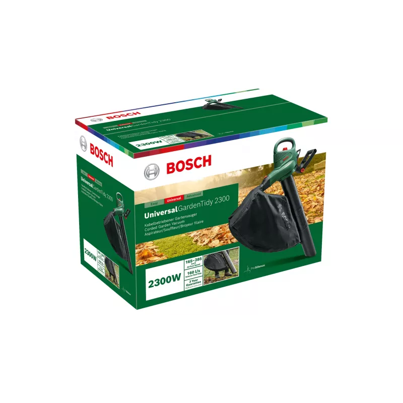 Käsipuhur Bosch Universal GardenTidy 2300 — 2300 W, 576 m³/h, 45 L kogumiskott, 185–285 km/h, purustusfunktsioon
