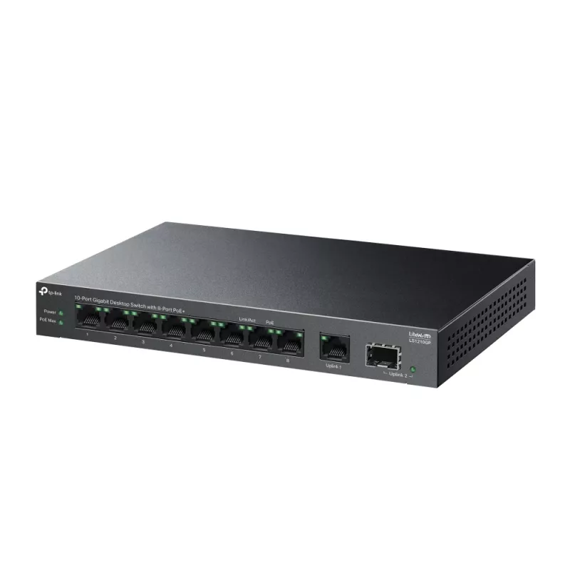 Haldamatu lüliti TP-LINK LS1210GP 10-port Gigabit, 8× PoE+ (61 W kokku), 1× SFP, 9× RJ‑45 Gigabit