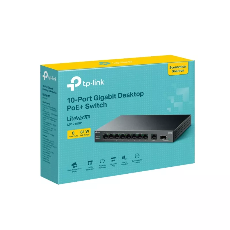 Haldamatu lüliti TP-LINK LS1210GP 10-port Gigabit, 8× PoE+ (61 W kokku), 1× SFP, 9× RJ‑45 Gigabit