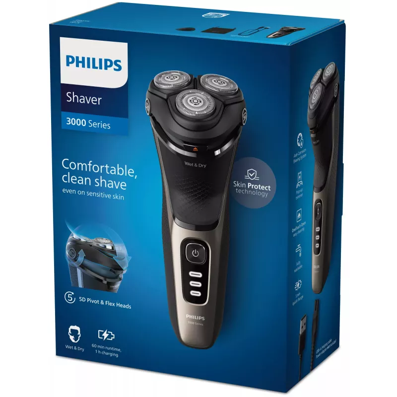 Elektriline pardel Philips 3000 Series S3242/12 — 3 peaga rootor, märg ja kuiv pardel, 60 min tööaeg, liitiumioon