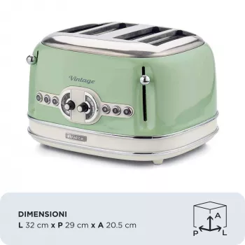 Ariete 156 Vintage röster 4 viilule, 1600 W, 6 röstimisastet, roostevabast terasest pastelrohelises värvitoonis, ilma võileivaklambriteta. Roheline