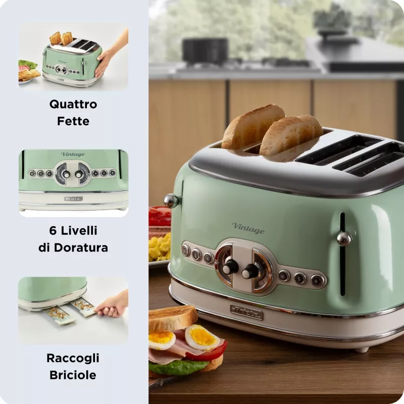 Ariete 156 Vintage röster 4 viilule, 1600 W, 6 röstimisastet, roostevabast terasest pastelrohelises värvitoonis, ilma võileivaklambriteta. Roheline