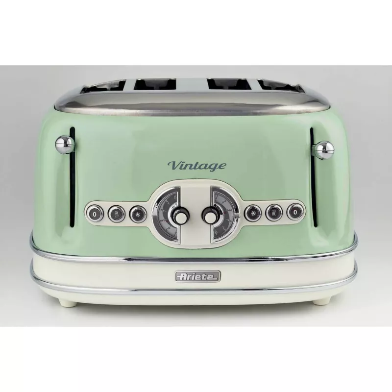 Ariete 156 Vintage röster 4 viilule, 1600 W, 6 röstimisastet, roostevabast terasest pastelrohelises värvitoonis, ilma võileivaklambriteta. Roheline