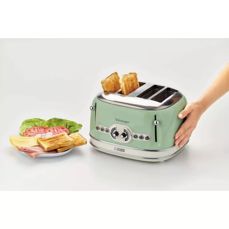 Ariete 156 Vintage röster 4 viilule, 1600 W, 6 röstimisastet, roostevabast terasest pastelrohelises värvitoonis, ilma võileivaklambriteta. Roheline
