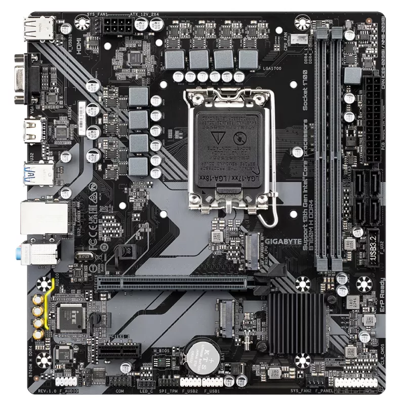 GIGABYTE B760M H DDR4 emaplaat - toetab Inteli Core 14. põlvkonna protsessoreid, 6+1+1 faasiline digitaalne VRM, kuni 3200 MHz DDR4 (OC), 2x PCIe 4.0 M.2, GbE LAN, USB 3.2 Gen1