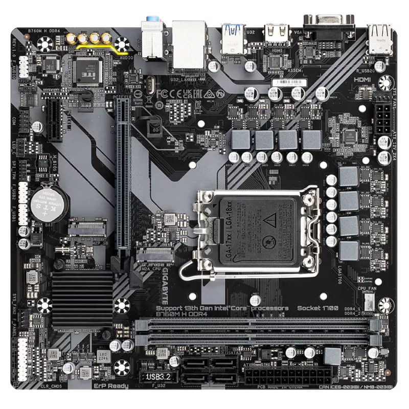 GIGABYTE B760M H DDR4 emaplaat - toetab Inteli Core 14. põlvkonna protsessoreid, 6+1+1 faasiline digitaalne VRM, kuni 3200 MHz DDR4 (OC), 2x PCIe 4.0 M.2, GbE LAN, USB 3.2 Gen1