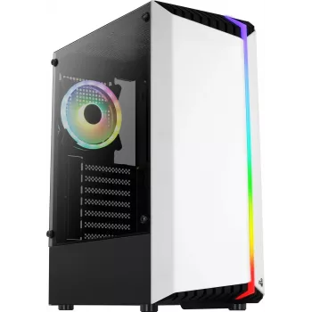 Arvuti korpus AEROCOOL Bionic Midi Tower Valge — ATX, karastatud klaas, 2x3,5-tollist pesa, 6x2,5-tollist, 297 mm GPU, sinine LED