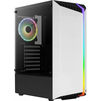 Arvuti korpus AEROCOOL Bionic Midi Tower Valge — ATX, karastatud klaas, 2x3,5-tollist pesa, 6x2,5-tollist, 297 mm GPU, sinine LED