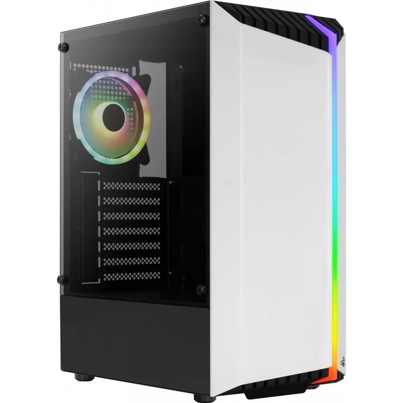 Arvuti korpus AEROCOOL Bionic Midi Tower Valge — ATX, karastatud klaas, 2x3,5-tollist pesa, 6x2,5-tollist, 297 mm GPU, sinine LED