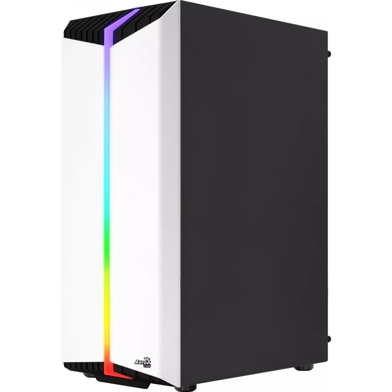 Arvuti korpus AEROCOOL Bionic Midi Tower Valge — ATX, karastatud klaas, 2x3,5-tollist pesa, 6x2,5-tollist, 297 mm GPU, sinine LED