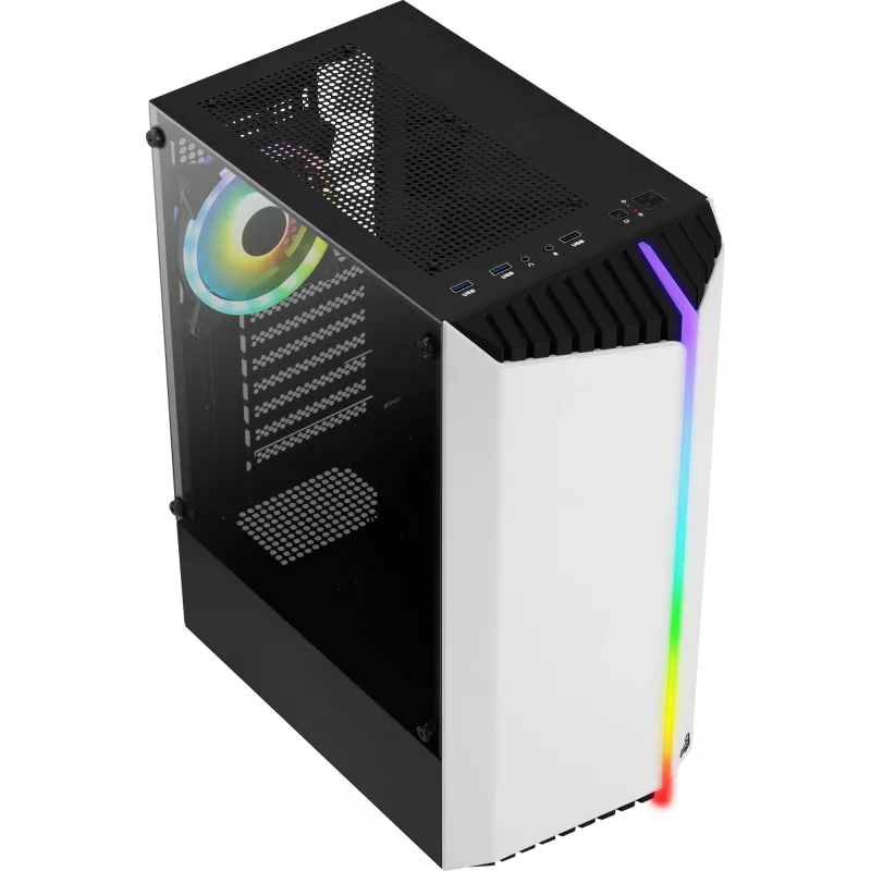 Arvuti korpus AEROCOOL Bionic Midi Tower Valge — ATX, karastatud klaas, 2x3,5-tollist pesa, 6x2,5-tollist, 297 mm GPU, sinine LED