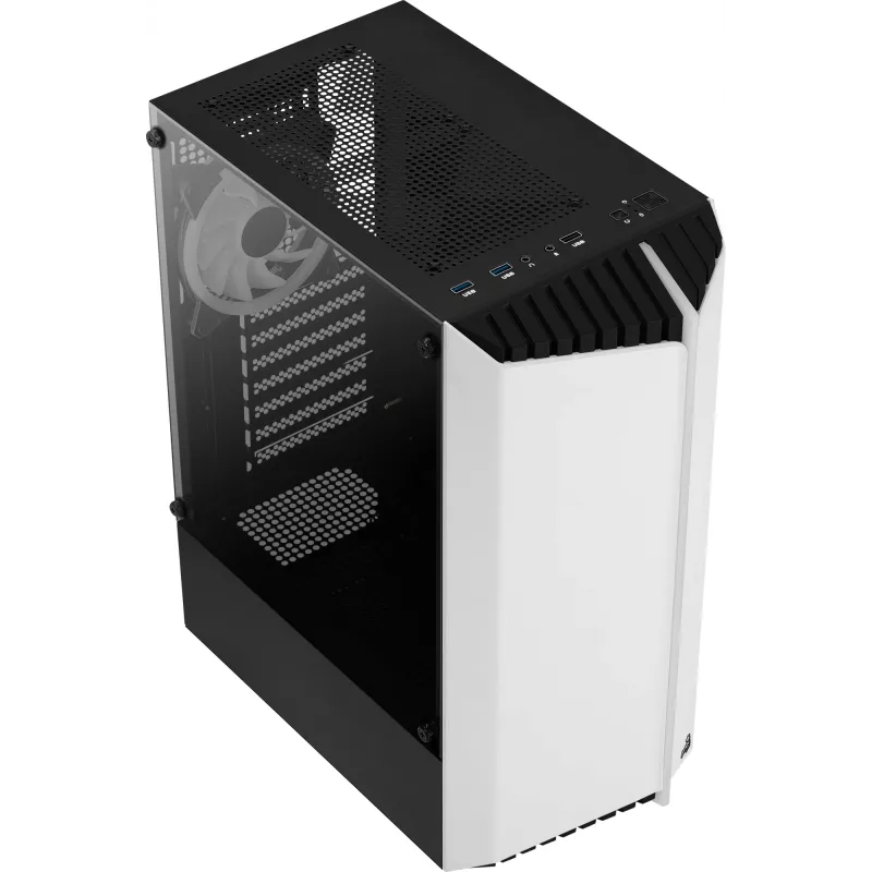 Arvuti korpus AEROCOOL Bionic Midi Tower Valge — ATX, karastatud klaas, 2x3,5-tollist pesa, 6x2,5-tollist, 297 mm GPU, sinine LED