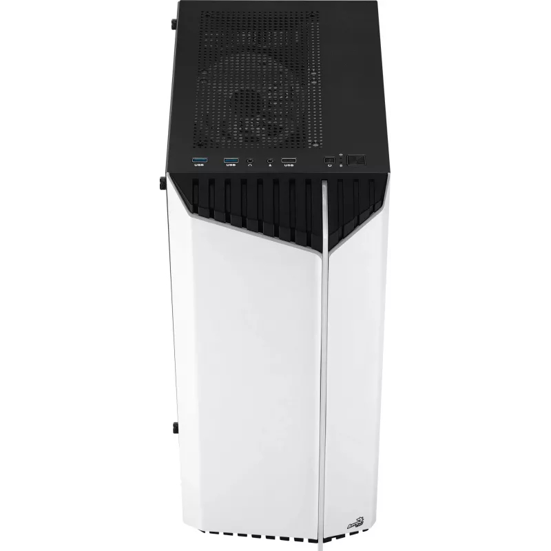 Arvuti korpus AEROCOOL Bionic Midi Tower Valge — ATX, karastatud klaas, 2x3,5-tollist pesa, 6x2,5-tollist, 297 mm GPU, sinine LED