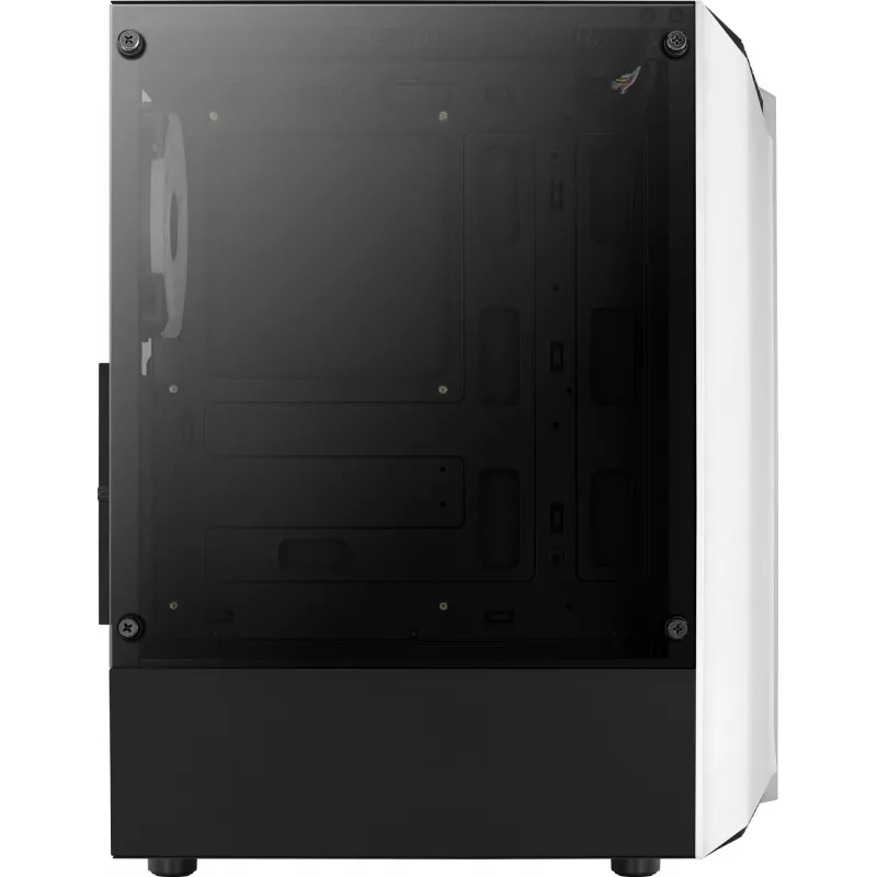 Arvuti korpus AEROCOOL Bionic Midi Tower Valge — ATX, karastatud klaas, 2x3,5-tollist pesa, 6x2,5-tollist, 297 mm GPU, sinine LED