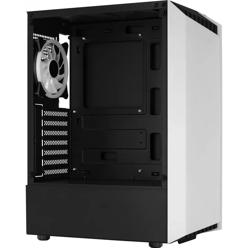 Arvuti korpus AEROCOOL Bionic Midi Tower Valge — ATX, karastatud klaas, 2x3,5-tollist pesa, 6x2,5-tollist, 297 mm GPU, sinine LED
